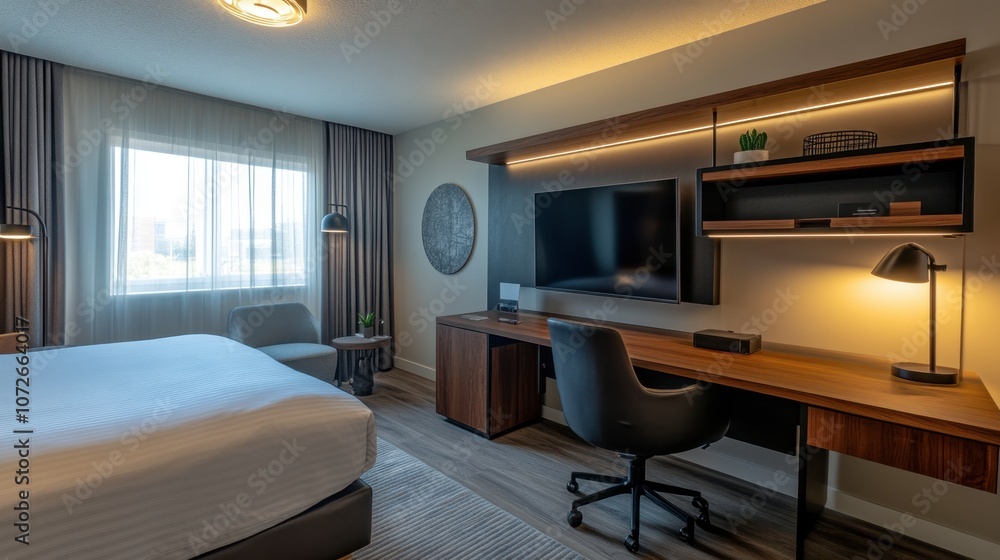 Modern Hotel Room with Comfortable Workspace Modern Hotel Room with Comfortable Workspace