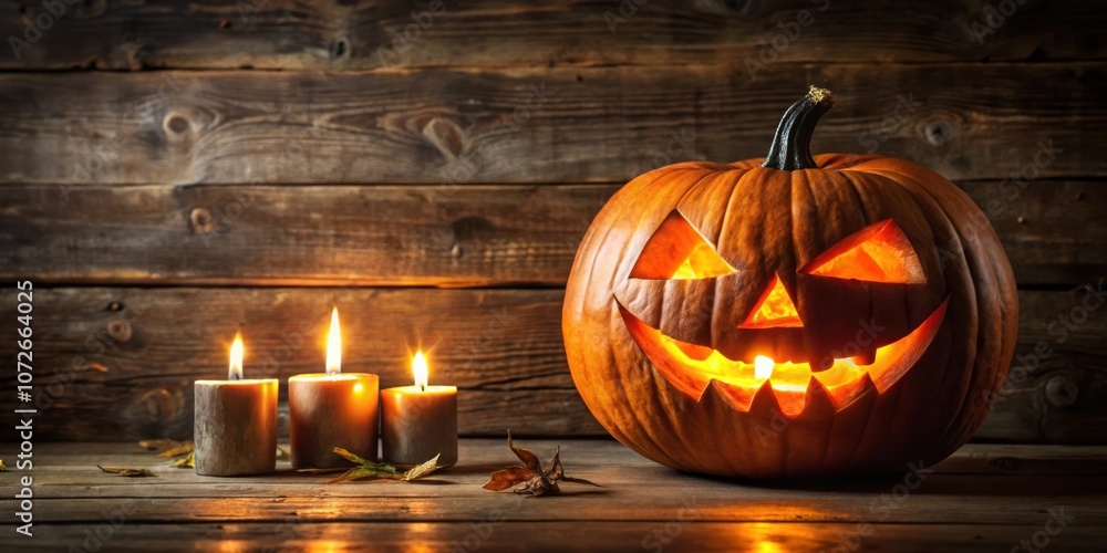 A Glowing Jack-O-Lantern with a Carved Grin, Illuminating the Dark Wooden Background with Its Glowing Eyes and a Candlelight Glow. A Glowing Jack-O-Lantern with a Carved Grin, Illuminating the Dark Wooden Background with Its Glowing Eyes and a Candlelight Glow.