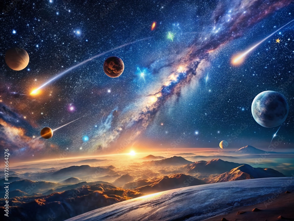 Fototapeta premium Captivating Double Exposure of Outer Space with Stars, Comets, and Satellites in a Hyperrealistic Style for Stunning Cosmic Visuals