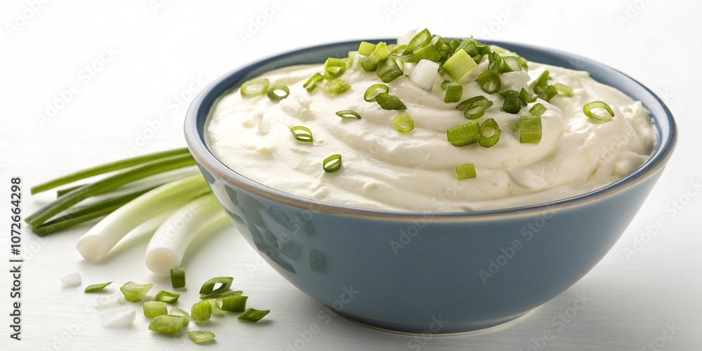 Tazón de crema agria mezclada con cebolla fresca Tazón de crema agria mezclada con cebolla fresca