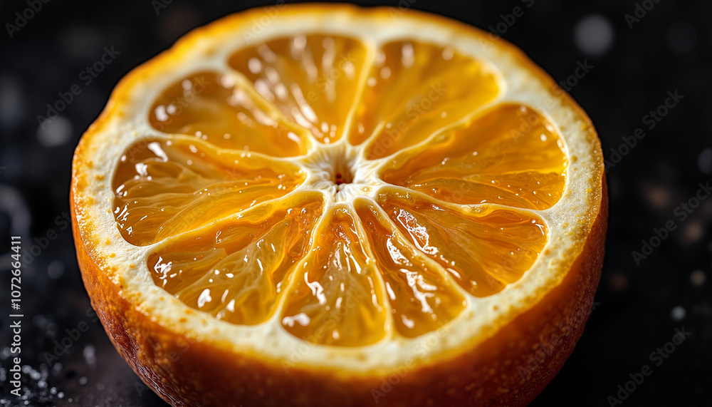 Juicy orange slice close-up on dark background Juicy orange slice close-up on dark background