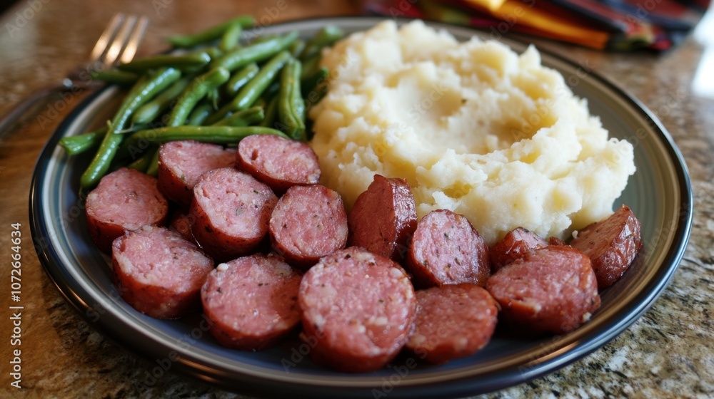 Savory Sausage Meal with Green Beans and Mashed Potatoes Savory Sausage Meal with Green Beans and Mashed Potatoes