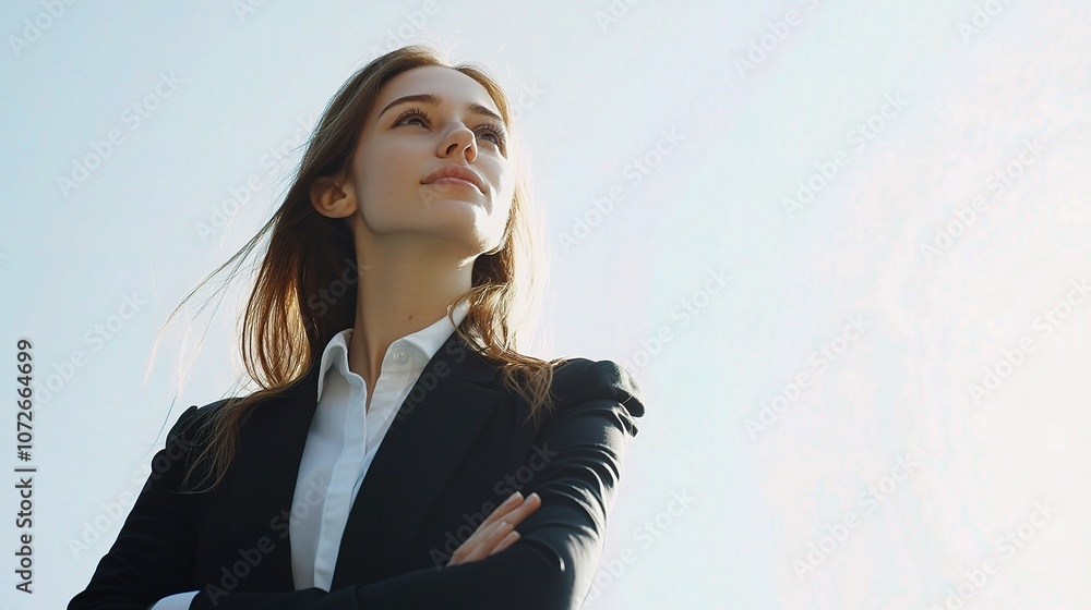 Confident Young Woman in Business Suit Standing Tall Against a Bright Sky, Exuding Professionalism and Determination in a Modern Corporate Setting Confident Young Woman in Business Suit Standing Tall Against a Bright Sky, Exuding Professionalism and Determination in a Modern Corporate Setting