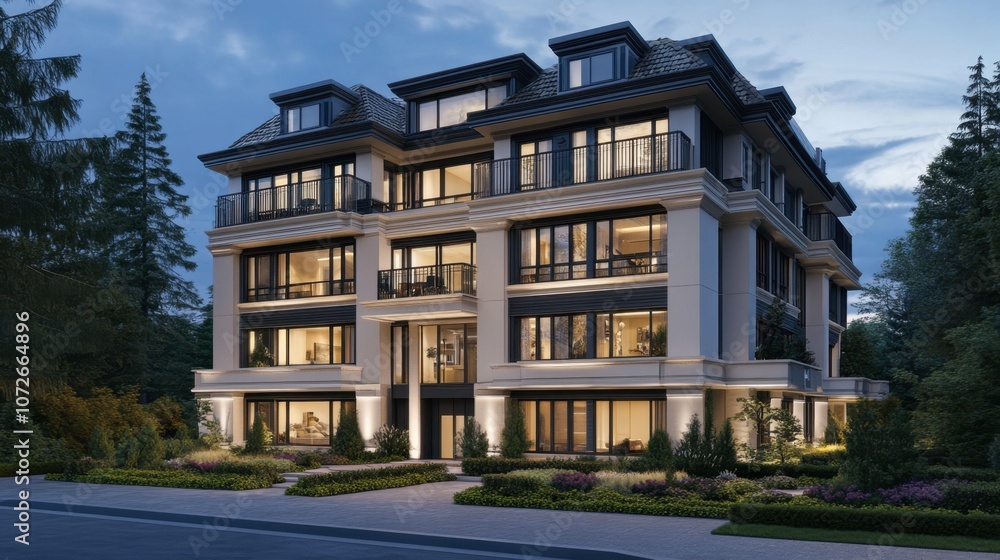 Fototapeta premium Modern Residential Building at Dusk