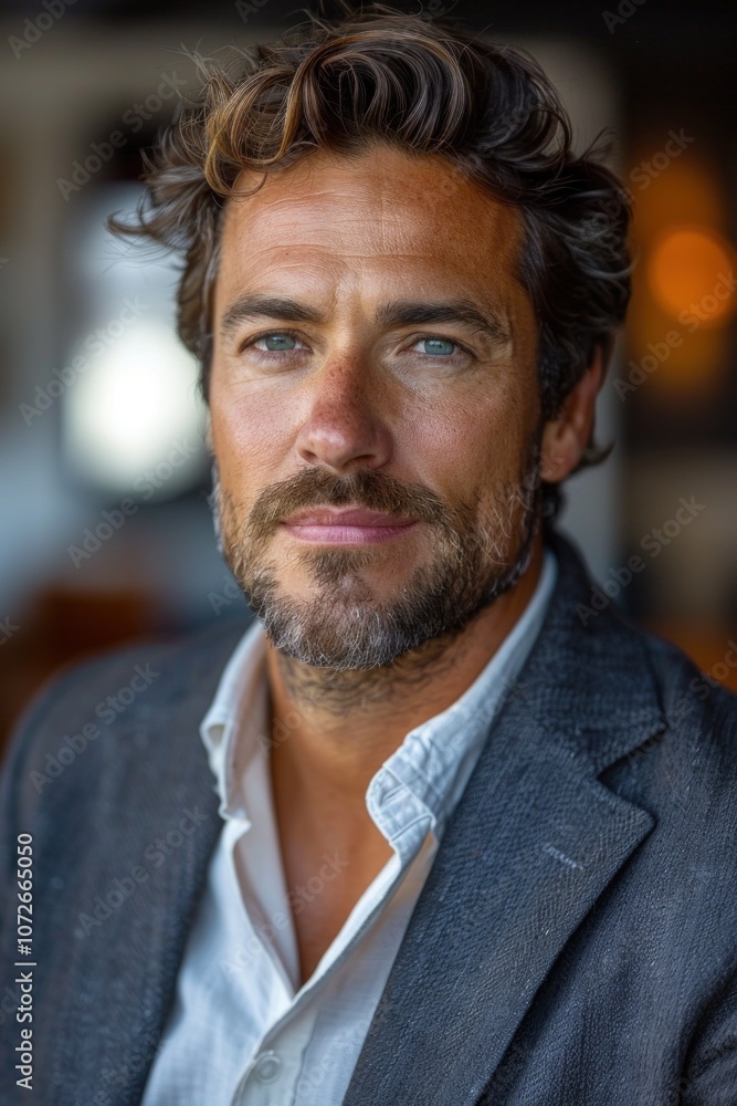 Attractive 30yearold manager exudes confidence and professionalism in a bright office setting. Wearing a smart casual jacket and an open white shirt Attractive 30yearold manager exudes confidence and professionalism in a bright office setting. Wearing a smart casual jacket and an open white shirt
