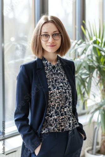 Confident and sophisticated 30yearold businesswoman in glasses and navy blue suit poses by bright window for professional portrait photo