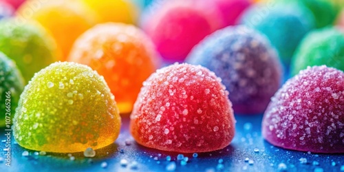 A colorful assortment of sugared jelly candies, each a different hue, sit atop a dark blue surface, glistening with sugar crystals. photo