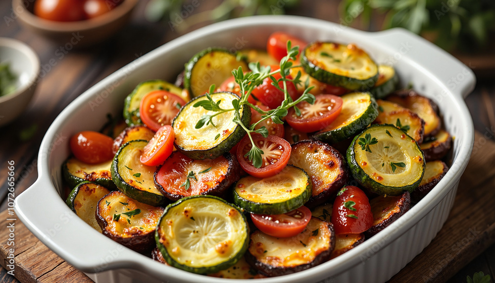 Roasted zucchini and tomato salad in white baking dish Roasted zucchini and tomato salad in white baking dish