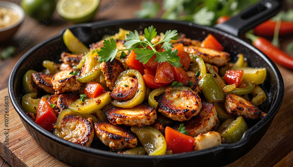 Sizzling chicken fajitas with colorful peppers in cast iron skillet Sizzling chicken fajitas with colorful peppers in cast iron skillet