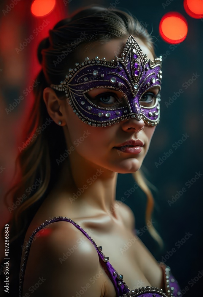 An elegant black and purple mask with metal accents and crystals is being worn by a young Caucasian woman. Her cocktail dress features intricate beading and embroidery. An elegant black and purple mask with metal accents and crystals is being worn by a young Caucasian woman. Her cocktail dress features intricate beading and embroidery.
