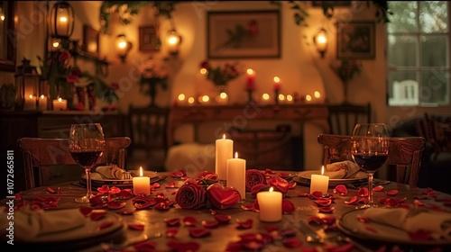 Generative AI. Romantic Valentines Day dinner setup a charming dining