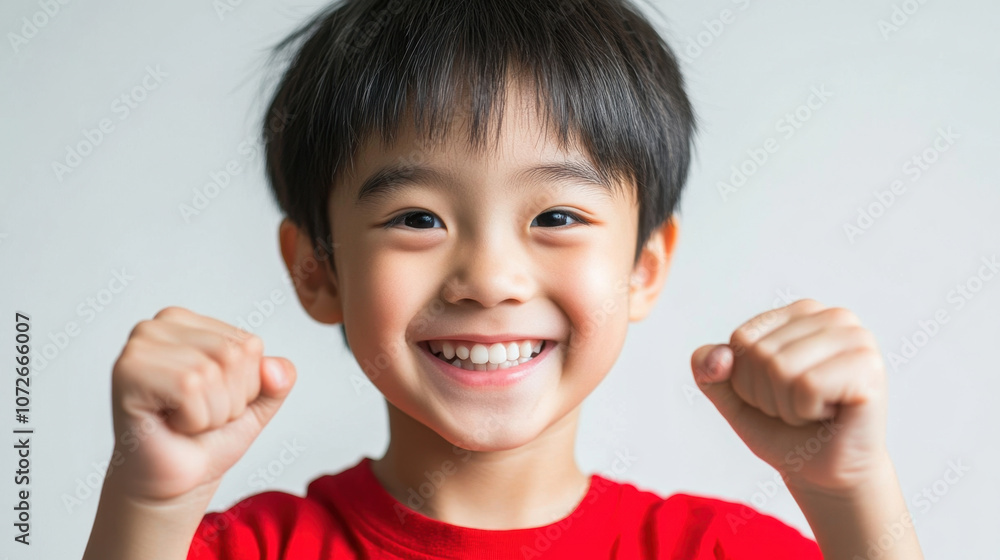 Happy Asian child smiling with clenched fists, expressing joy and excitement. child is wearing red shirt, showcasing cheerful and playful demeanor Happy Asian child smiling with clenched fists, expressing joy and excitement. child is wearing red shirt, showcasing cheerful and playful demeanor