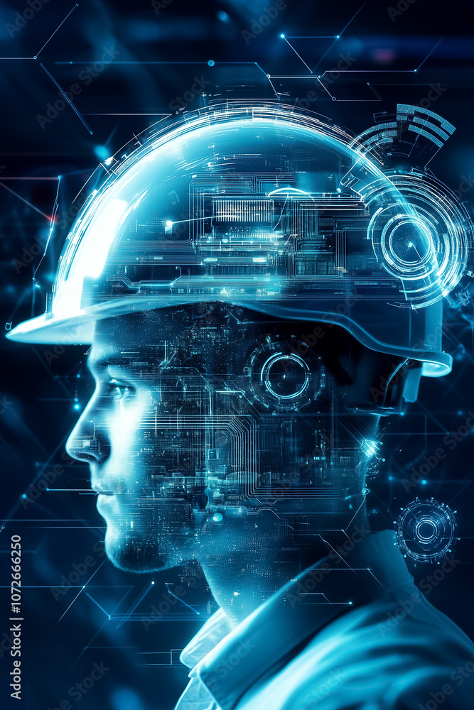 A man wearing a hard hat engages with virtual technology and engineering graphics in a modern setting A man wearing a hard hat engages with virtual technology and engineering graphics in a modern setting