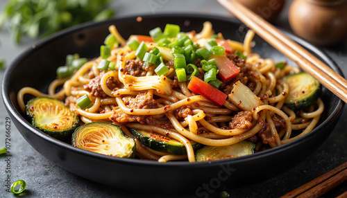 Spicy Asian noodles with ground meat and vegetables