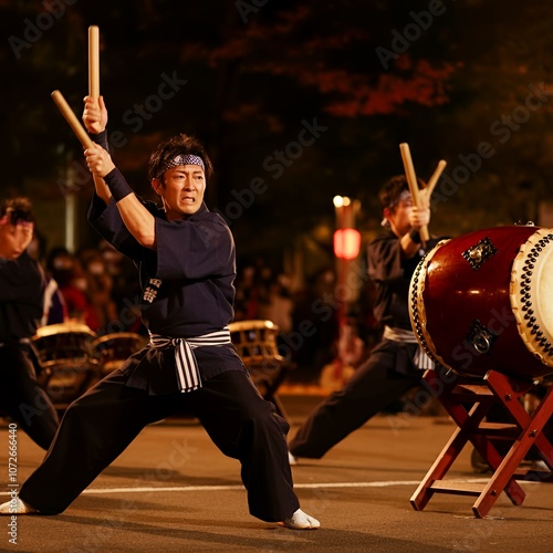 Japanese Taiko Drummers Performing at Festival