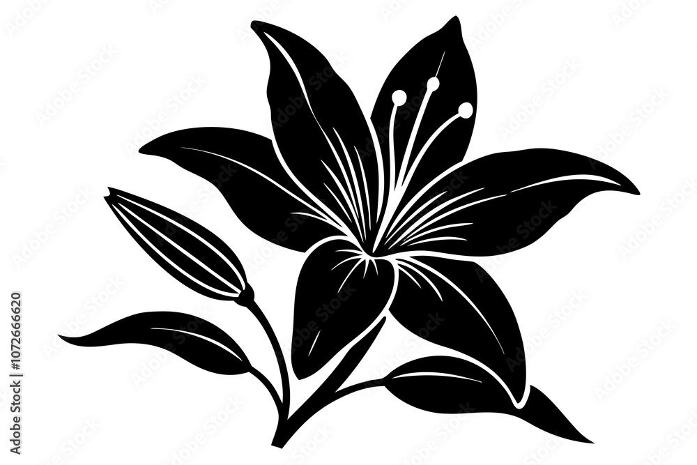 Bright pink lily with buds and leaves vector art illustration Bright pink lily with buds and leaves vector art illustration