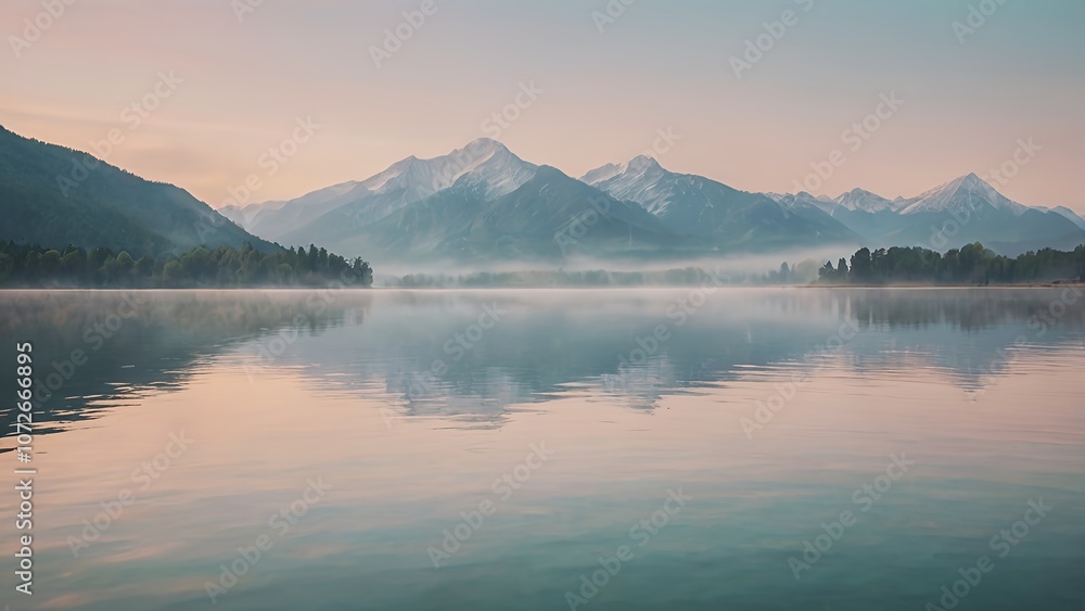 Misty Morning Lake with Mountain Reflection Misty Morning Lake with Mountain Reflection