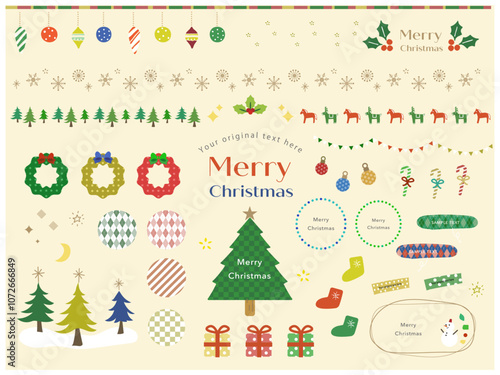 クリスマス手描きアイコンセットA クリスマスツリーやリーズのあしらいイラスト