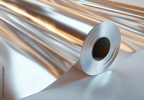 Close up of roll of shiny aluminum sheet, showcasing its smooth surface and metallic sheen. image captures reflective quality and texture of material, evoking sense of industrial elegance photo