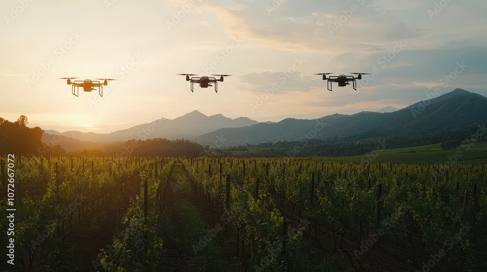 A scenic view of drones flying over a vineyard at sunset, surrounded by mountains, showcasing technological innovation in agriculture. A scenic view of drones flying over a vineyard at sunset, surrounded by mountains, showcasing technological innovation in agriculture.