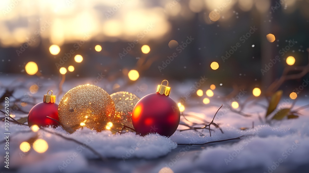 Fototapeta premium Christmas Ornaments in Snowy Landscape