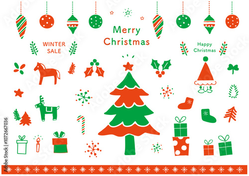 クリスマス手描きアイコンセット クリスマスツリーやリーズのあしらいイラスト