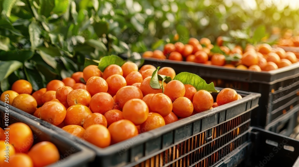 A vibrant display of fresh oranges in crates, surrounded by lush greenery, showcasing the abundance of seasonal harvest. A vibrant display of fresh oranges in crates, surrounded by lush greenery, showcasing the abundance of seasonal harvest.