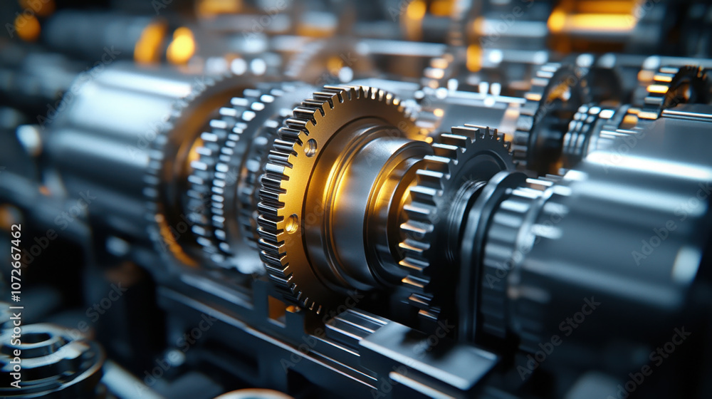 High resolution close up of metallic gears and machinery components, showcasing intricate details and reflections. image captures essence of engineering and technology High resolution close up of metallic gears and machinery components, showcasing intricate details and reflections. image captures essence of engineering and technology