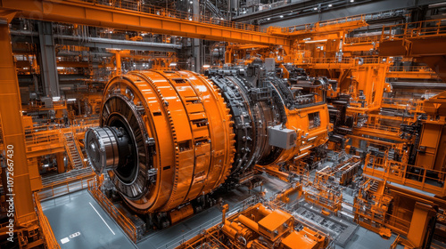 large industrial machine in vibrant orange factory setting, showcasing advanced technology and engineering. intricate details highlight complexity of modern manufacturing