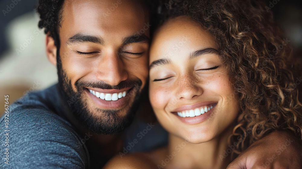 Happy couple smiling with eyes closed, embracing. AI-generated Happy couple smiling with eyes closed, embracing. AI-generated