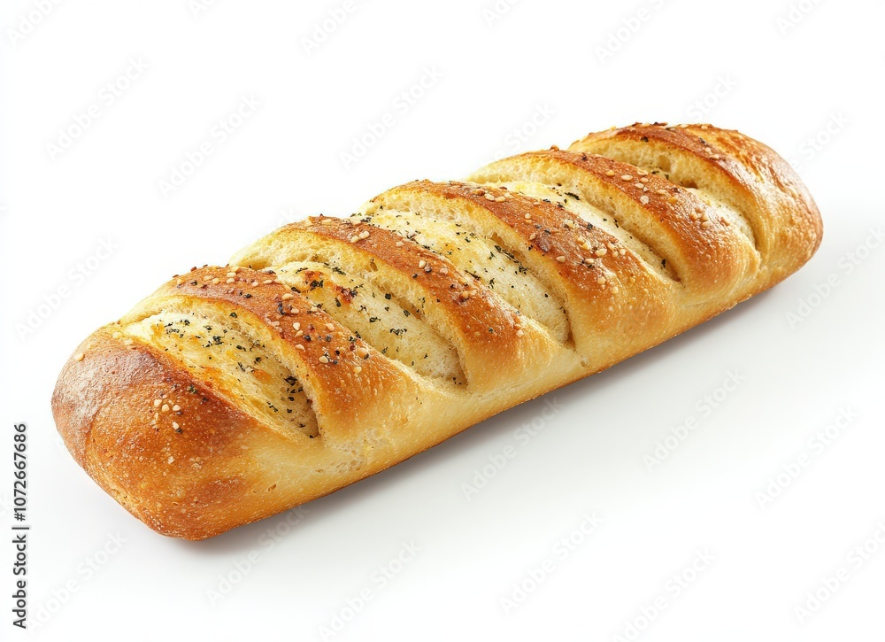 Close-up of a freshly baked garlic bread loaf. Close-up of a freshly baked garlic bread loaf.