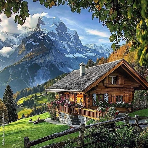 Nestled in a mountainous landscape surrounded by lush greenery and dramatic peaks, this log chalet can be found in a picturesque location.