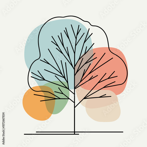 Stylized tree illustration with colorful abstract shapes, minimalistic vector design photo