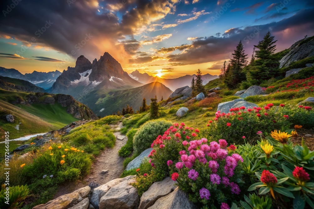 Fototapeta premium Captivating Low Light Photography of a Mountain Hiking Adventure Surrounded by Vibrant Floral Illustrations at Dusk in a Serene Natural Landscape