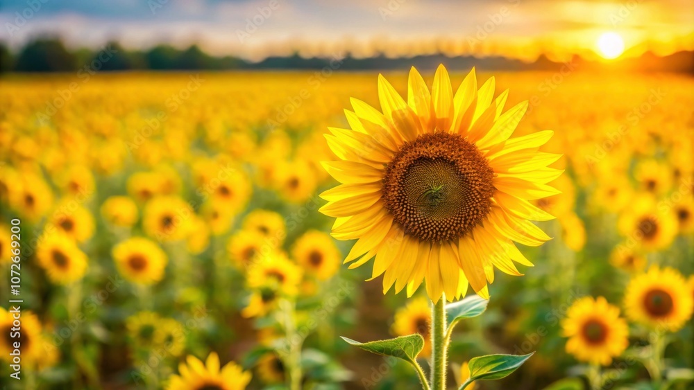 Fototapeta premium A vibrant sunflower stands out in a sea of yellow blooms, nature, unique, stand out, colorful, field, growth, contrast, beauty