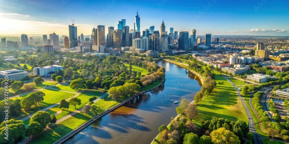 Obraz premium Drone view of Melbourne cityscape with river and green trees on a sunny day, Melbourne, cityscape, aerial view, drone, river