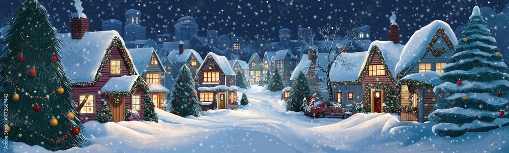 Cozy snowy town panorama with decorated houses. Christmas trees, garlands, lights, snow create festive winter mood. Car parked on street with Santa Claus figurine, small town with classic Cozy snowy town panorama with decorated houses. Christmas trees, garlands, lights, snow create festive winter mood. Car parked on street with Santa Claus figurine, small town with classic