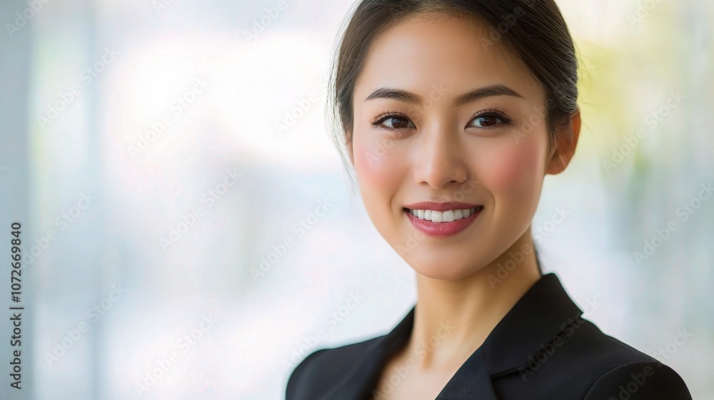 Young Asian Businesswoman with a Bright Smile Exuding Confidence and Professionalism in a Modern Office Environment Young Asian Businesswoman with a Bright Smile Exuding Confidence and Professionalism in a Modern Office Environment