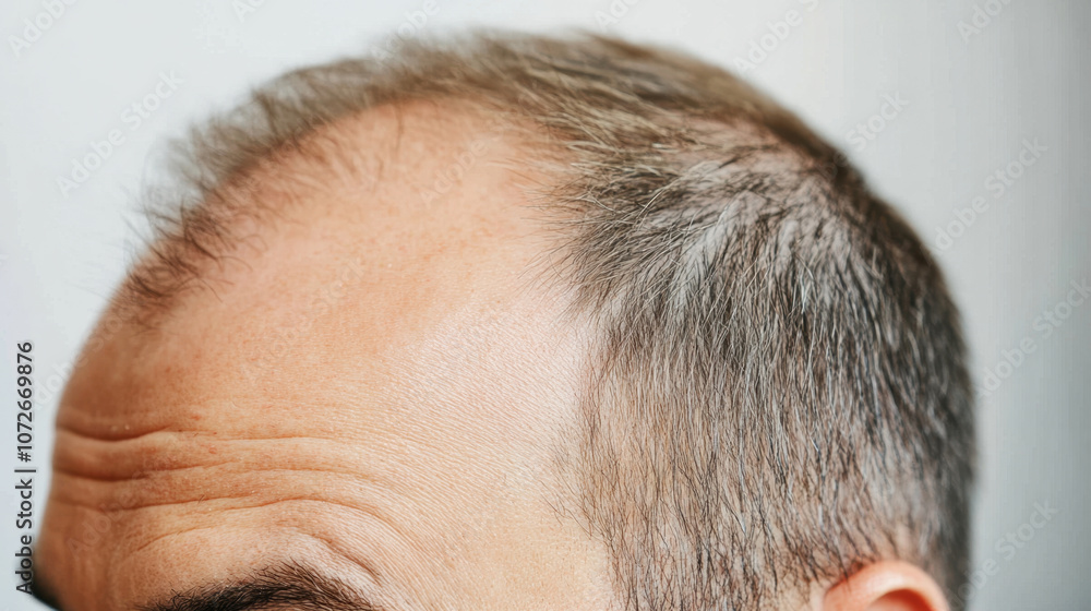 Hair loss can be significant concern for many individuals, impacting self esteem and confidence. This showcases close up of mans head, highlighting thinning hair and receding hairline Hair loss can be significant concern for many individuals, impacting self esteem and confidence. This showcases close up of mans head, highlighting thinning hair and receding hairline
