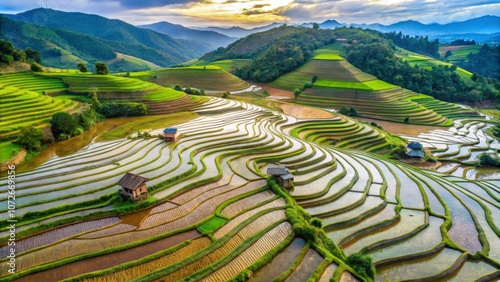 Aerial view terrace rice field landscape in Mae Chaem, Chiang Mai, Thailand, aerial view, terrace, rice field, landscape photo