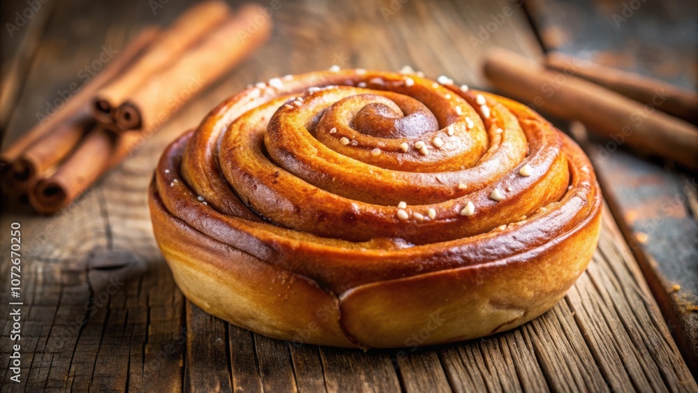 Fototapeta premium A freshly baked cinnamon roll, glistening with a sweet glaze, sits on a rustic wooden surface, inviting a taste of warm and comforting flavors.