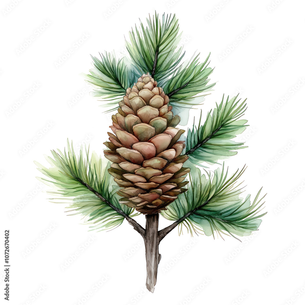 Pine cone on branch with green needles. Watercolor illustration of coniferous tree. Nature, forest, botanical, xmas, evergreen, holiday, winter, christmas, decor, design, art. Transparent isolated png Pine cone on branch with green needles. Watercolor illustration of coniferous tree. Nature, forest, botanical, xmas, evergreen, holiday, winter, christmas, decor, design, art. Transparent isolated png