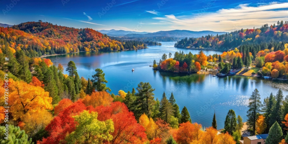 Scenic view of Lake Arrowhead with colorful autumn foliage in California, USA, Lake Arrowhead, autumn, California, USA, scenic Scenic view of Lake Arrowhead with colorful autumn foliage in California, USA, Lake Arrowhead, autumn, California, USA, scenic
