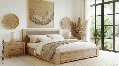 Minimalist bedroom with natural wood bed frame, boho decor, and large window view
 photo