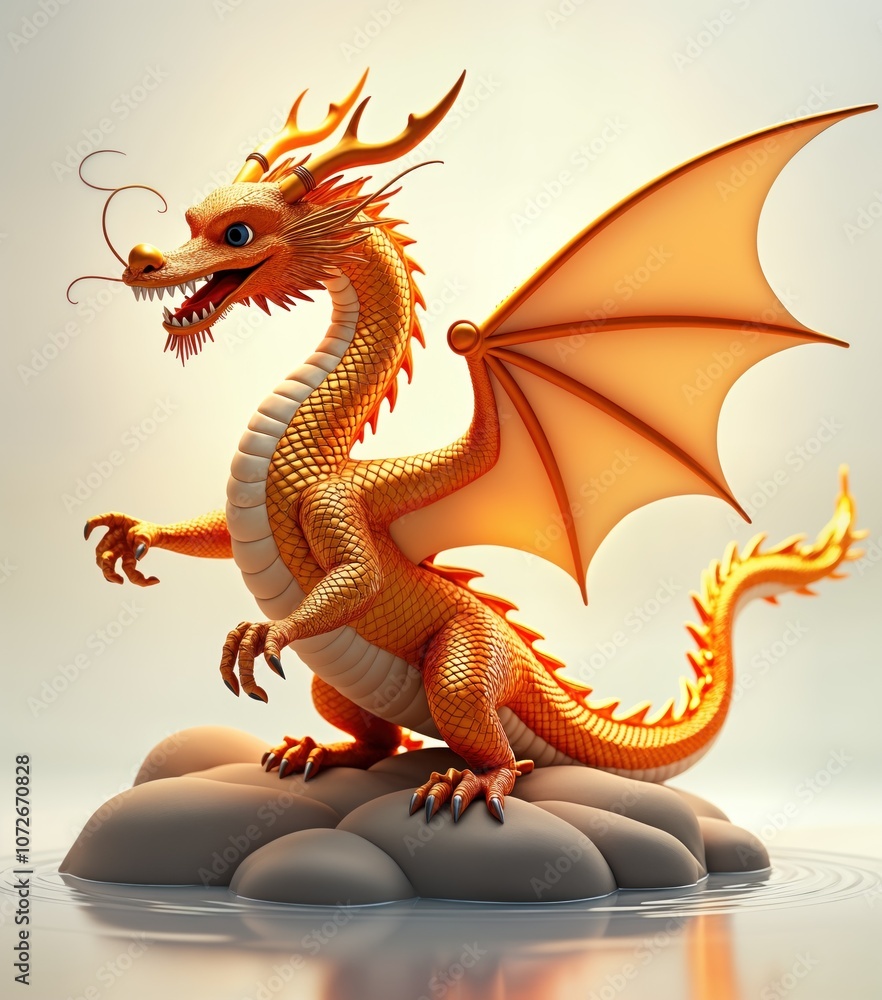 Fototapeta premium Golden dragon with wings, sharp claws stands on grey stones. Mythical creature stands above pool of water with head tilted to side. Dragon cheerful expression with big blue eyes. Image stylized with
