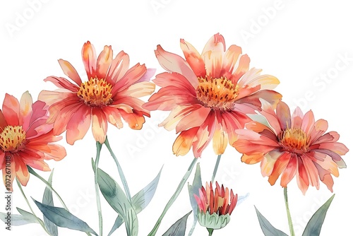 Watercolor Orange Gaillardia Isolated on White Background. Beautiful Gaillardia Flower