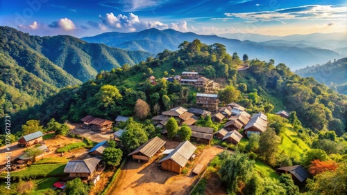 Panoramic view of Mong Hill Tribe village with mountains at Doi Suthep Pui National Park