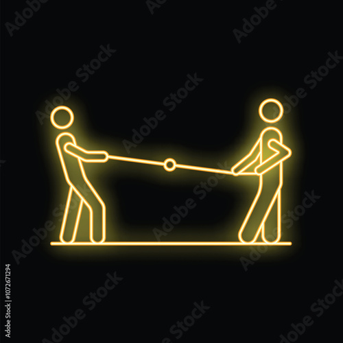Yellow neon icon of two businessmen playing tug of war, pulling rope concept for business competition