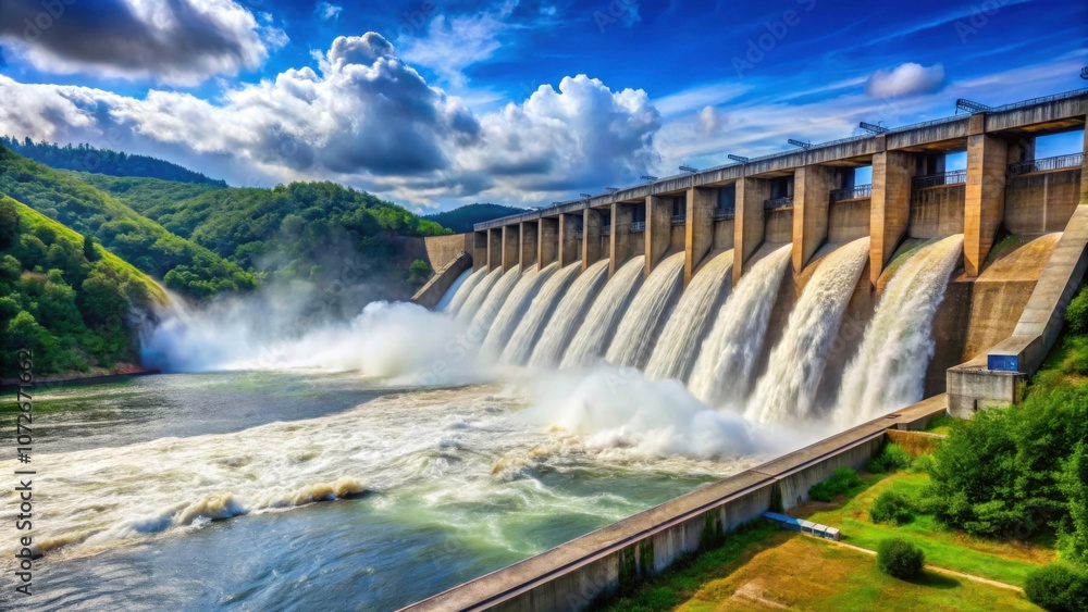 Hydroelectric dam releasing water in beautiful landscape scenery, hydroelectric, dam, water release Hydroelectric dam releasing water in beautiful landscape scenery, hydroelectric, dam, water release