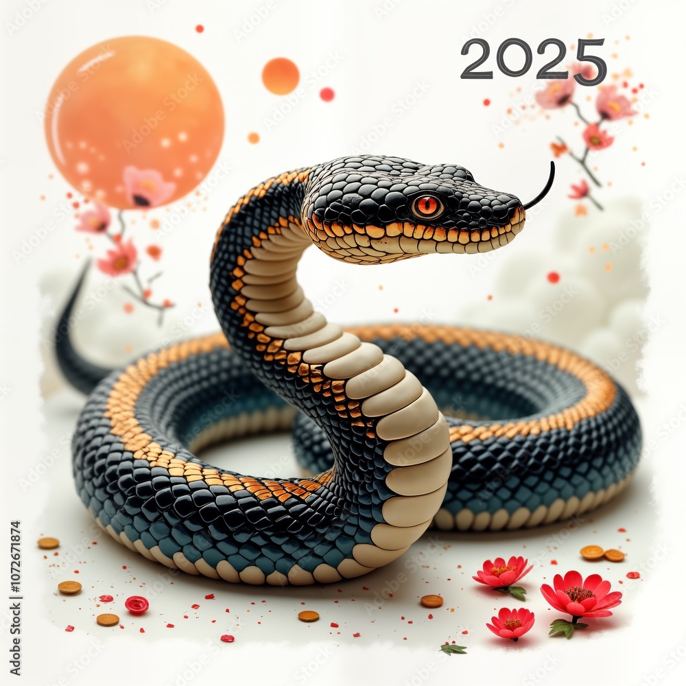 Obraz premium Black snake with orange scales, symbol of Chinese New Year 2025. Snake coiled on white background. Snake looks at camera. Perfect for greeting card, calendar, or poster.